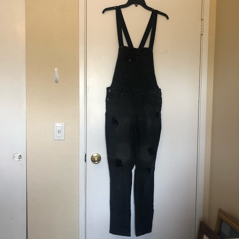 Distressed Black Denim Overalls